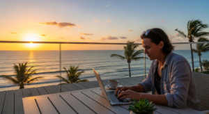 Persona utilizando portatil en segunda residencia