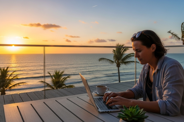 Persona utilizando portatil en segunda residencia