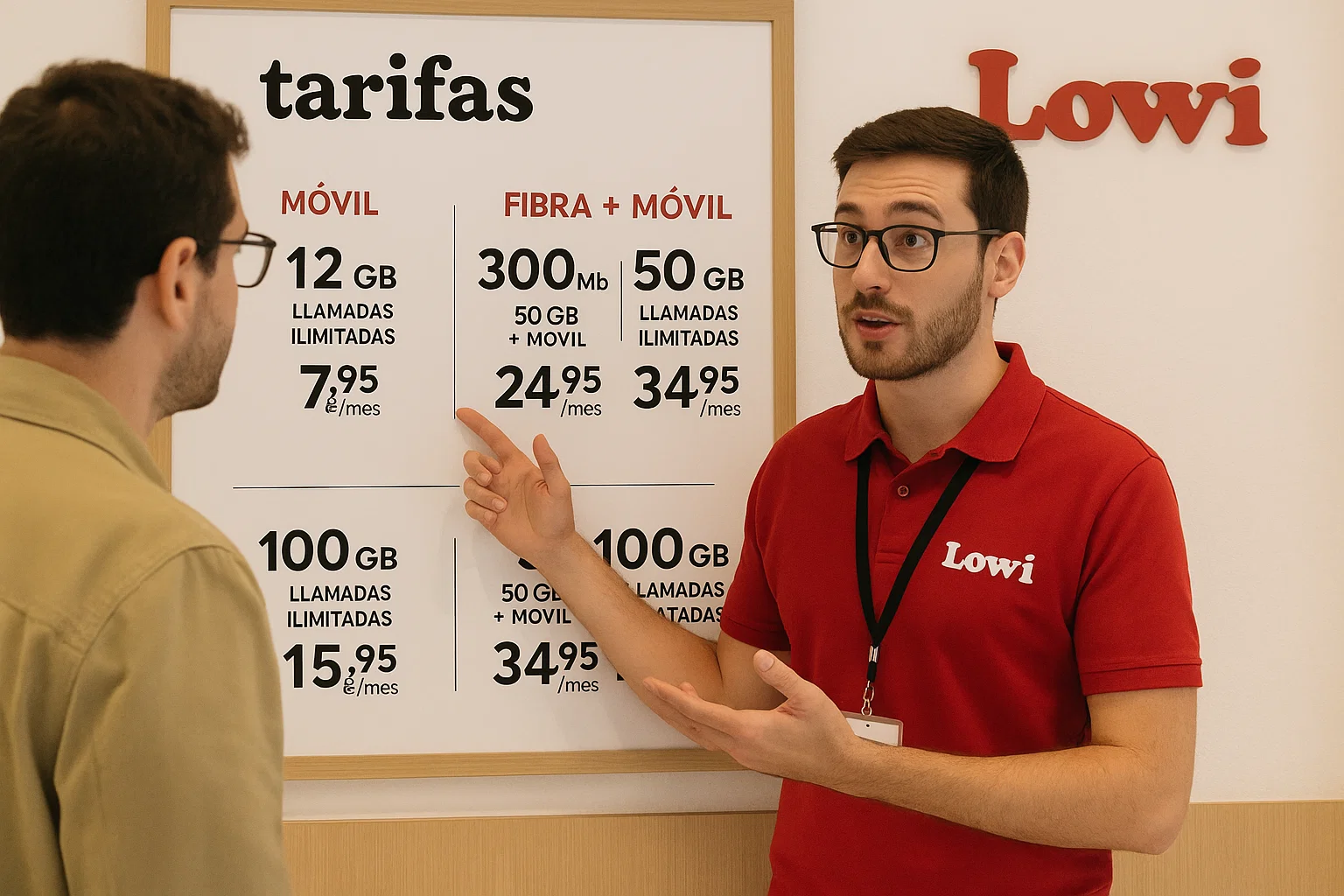 Dependiente enseña las ofertas de Lowi en tarifas de fibra y móvil