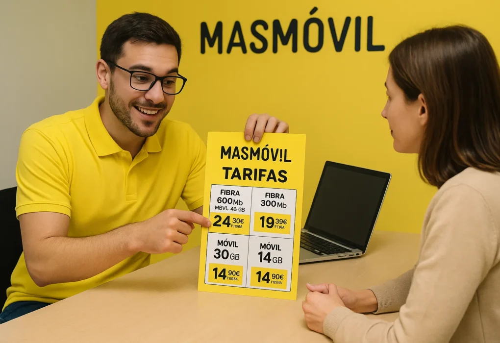 Dependiente explicando las tarifas de MasMóvil a un cliente