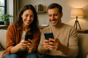 Pareja disfrutando de su oferta de fibra y 2 líneas móviles baratas en casa