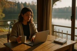 Mujer disfrutando de internet en su segunda residencia