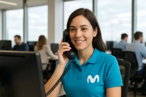 Mujer del servicio de atención al cliente de Movistar hablando por teléfono
