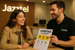 Dependiente muestra las ofertas de Jazztel en fibra y móvil