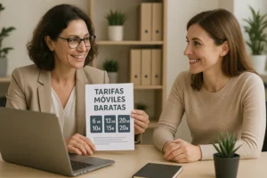 Mujer asesora sobre tarifas móviles baratas