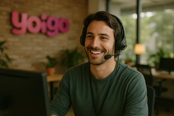 Persona hablando desde el teléfono de atención al cliente gratuito de Yoigo