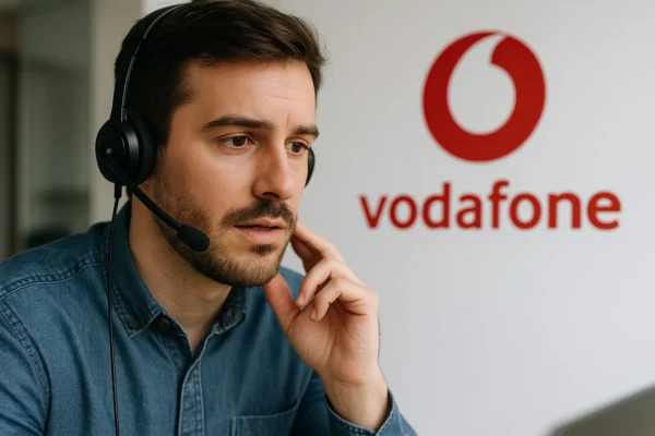 Persona hablando desde el teléfono gratuito de atención al cliente de Vodafone