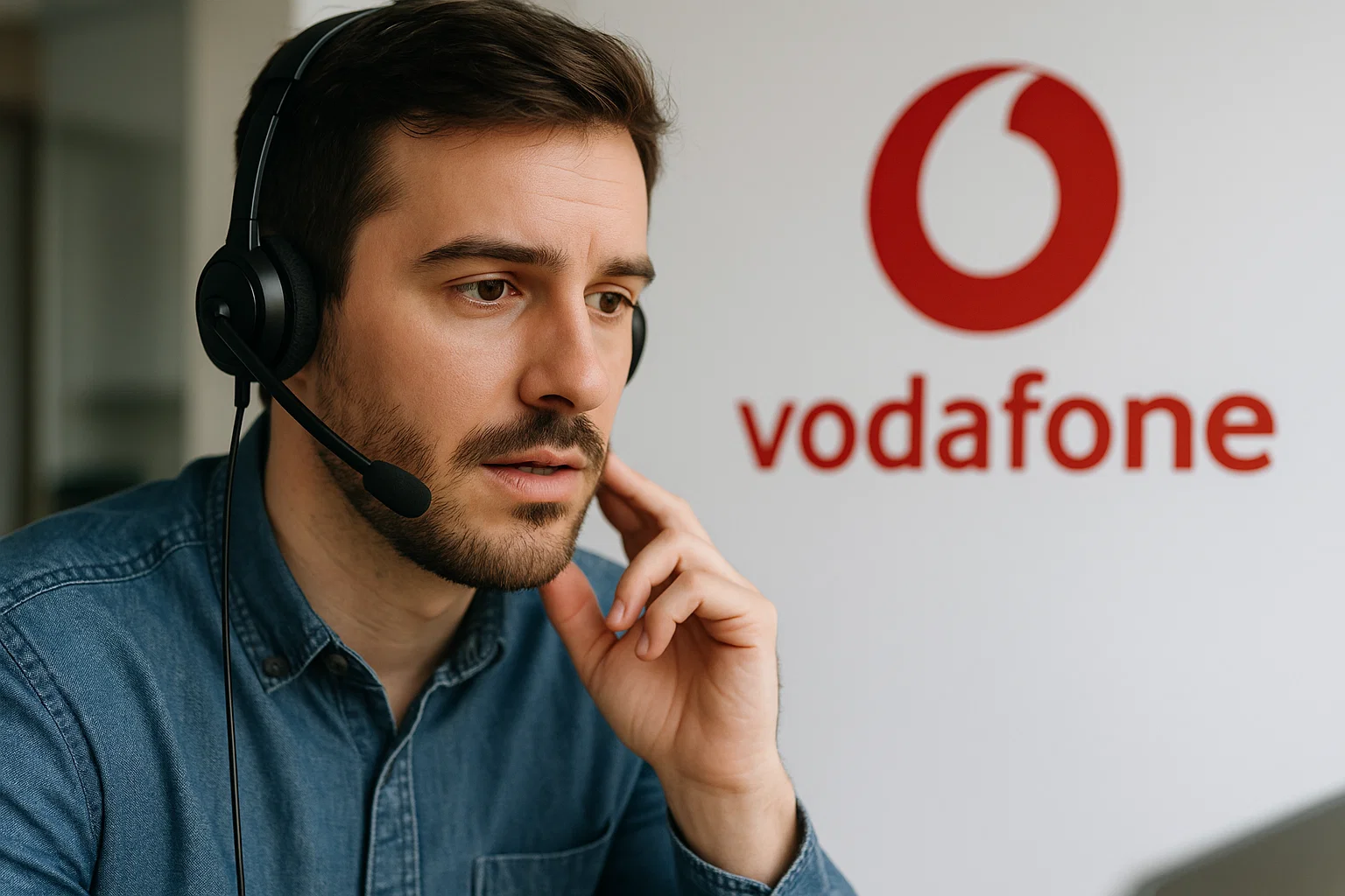 Persona hablando desde el teléfono gratuito de atención al cliente de Vodafone
