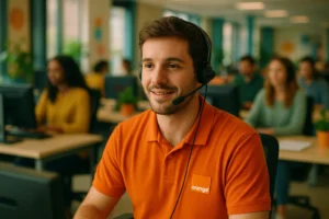 Asistente hablando desde el teléfono de Orange para atención al cliente