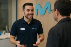 Dependiente explica las ofertas de Movistar a cliente antiguo