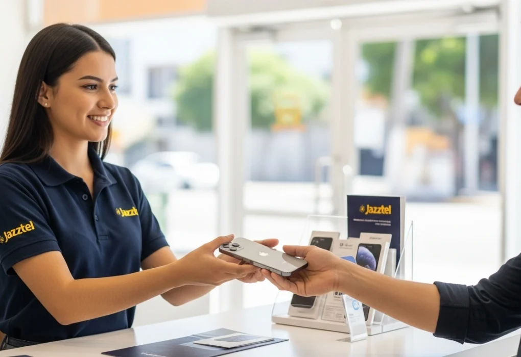 Dependiente entrega un móvil de Jazztel a cliente antiguo
