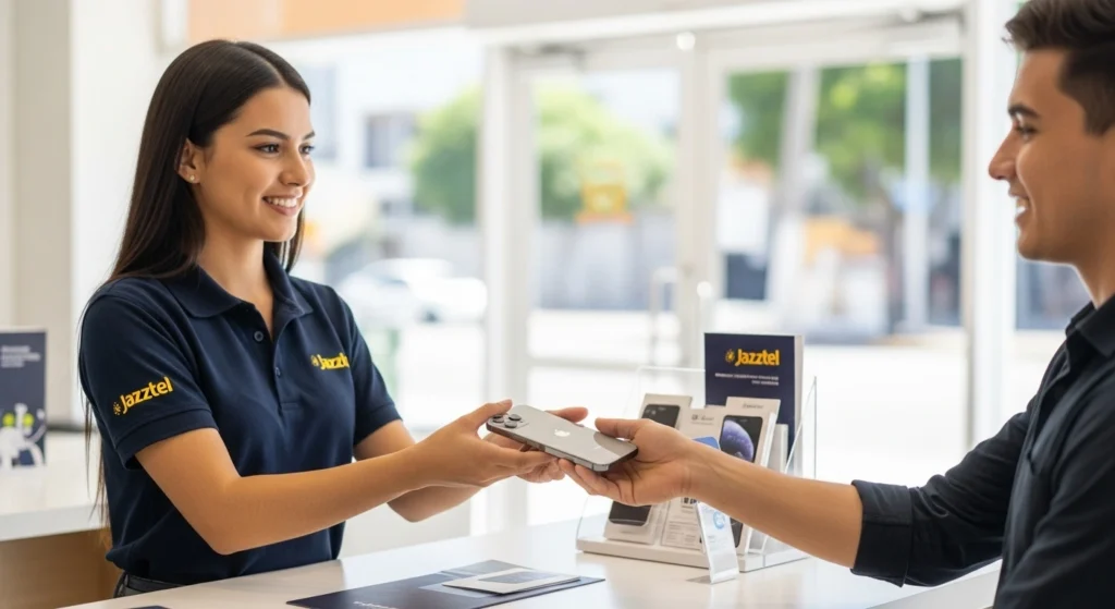 Dependiente entrega un móvil de Jazztel a cliente antiguo
