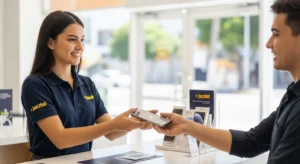 Dependiente entrega un móvil de Jazztel a cliente antiguo