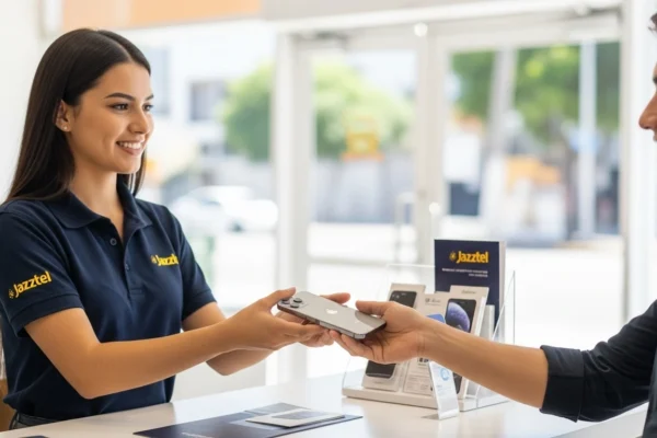 Móviles para clientes Jazztel: catálogo, ofertas y cómo conseguirlos Dependiente entrega un móvil de Jazztel a cliente antiguo