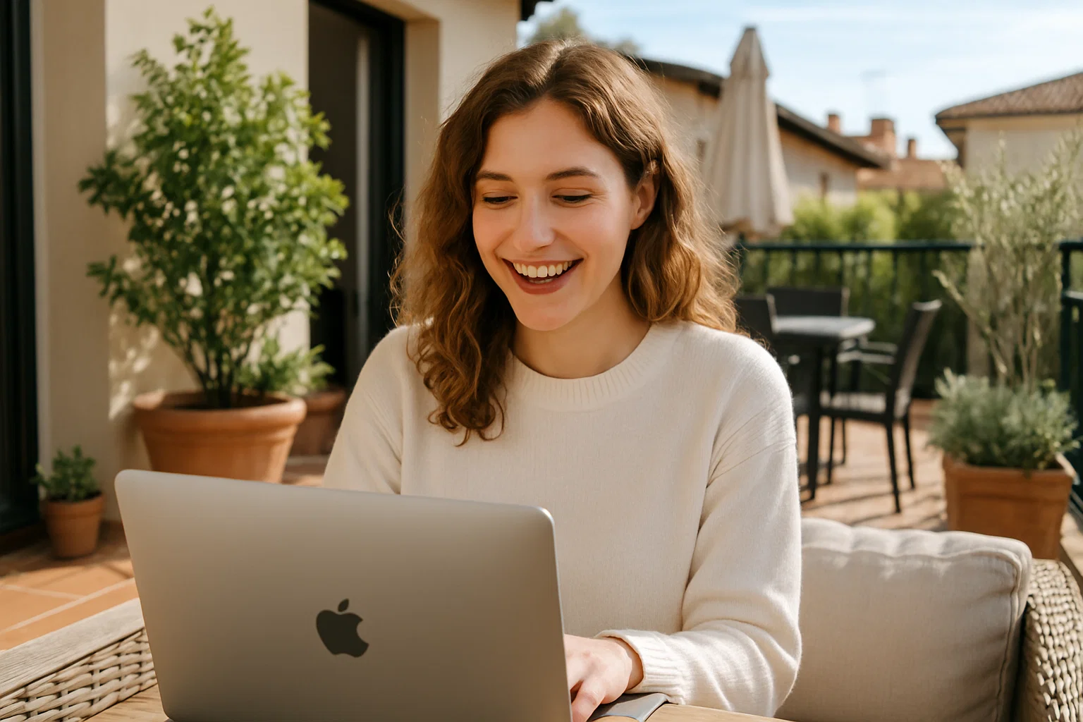 Mujer utiliza su portátil con el internet en segunda residencia de Movistar